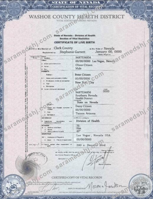 USA Nevada state birth certificate template in PSD format
